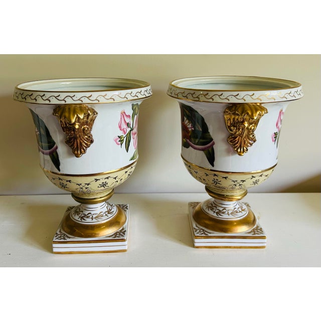 Ceramic Vintage Chelsea House Neoclassical Urn Style Hand Painted & Gold Planters ~ a Pair For Sale - Image 7 of 12