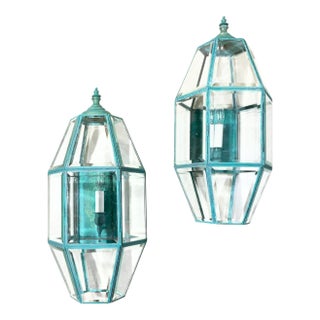 Exquisite Pair of Vintage Solid Brass Hexagonal Wall Lanterns For Sale