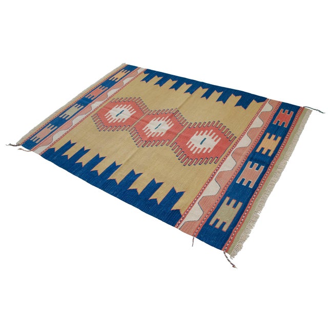Turkish Rug Hand-Woven Oushak Kilim Rug Vintage but Unused Home Decor - 4'1" X 5'8" For Sale - Image 6 of 12