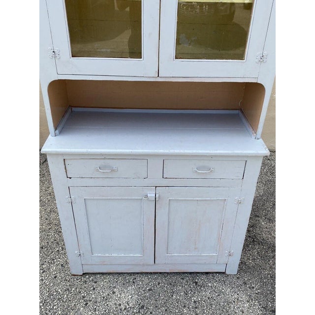 1900s Antique Country Farmhouse White Painted 2 Piece Step Back Hutch Kitchen Cupboard For Sale - Image 9 of 12