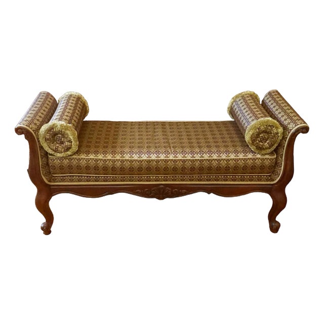 1990s Ethan Allen Gold & Purple Carved Footed Bench For Sale