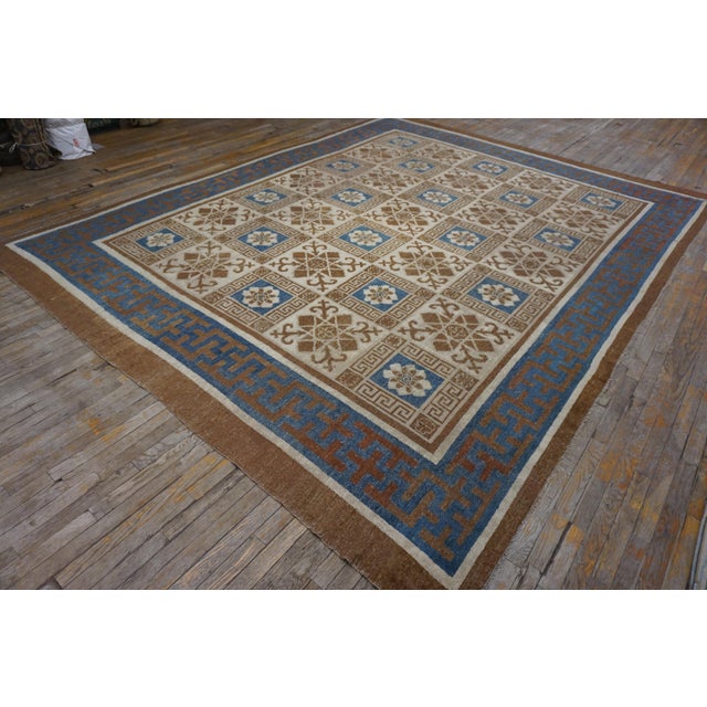 Mid 19th Century 1860s Ivory Geometric Antique N. Chinese Mongolian Rug 10'4" X 13'4" Handknotted Wool Carpet For Sale - Image 5 of 18
