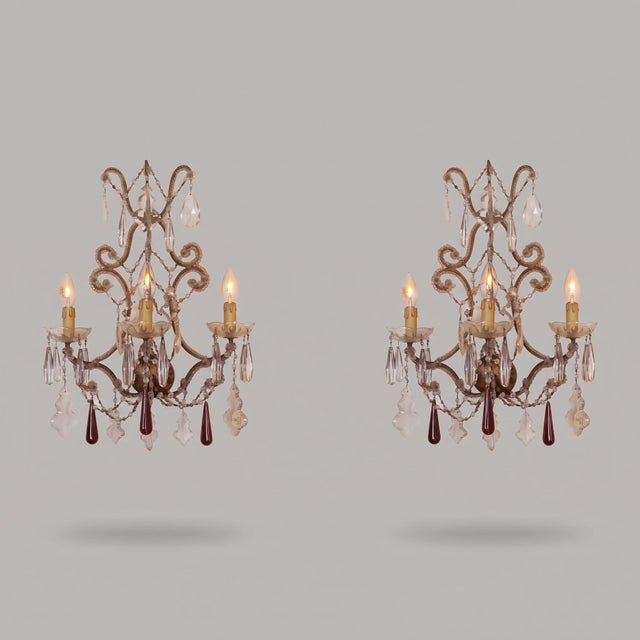 Three-Light Louis XV Style Wall Sconces in Gilt Iron with Glass Beads and Crystal Drops, 1930s, Set of 2 For Sale - Image 9 of 9