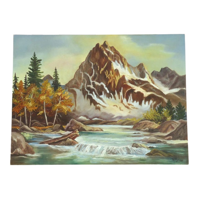 1975 Vintage Mountain Lake Landscape Oil Painting For Sale