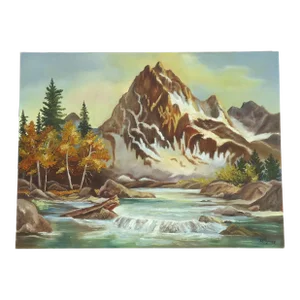 1975 Vintage Mountain Lake Landscape Oil Painting