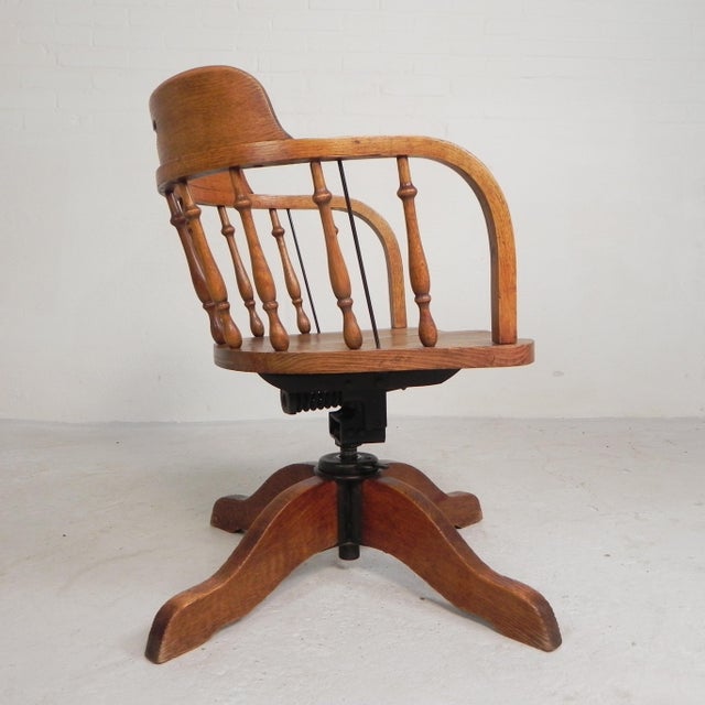 Brown Height-Adjustable Oak Swivel Office Chair, 1930s For Sale - Image 8 of 18