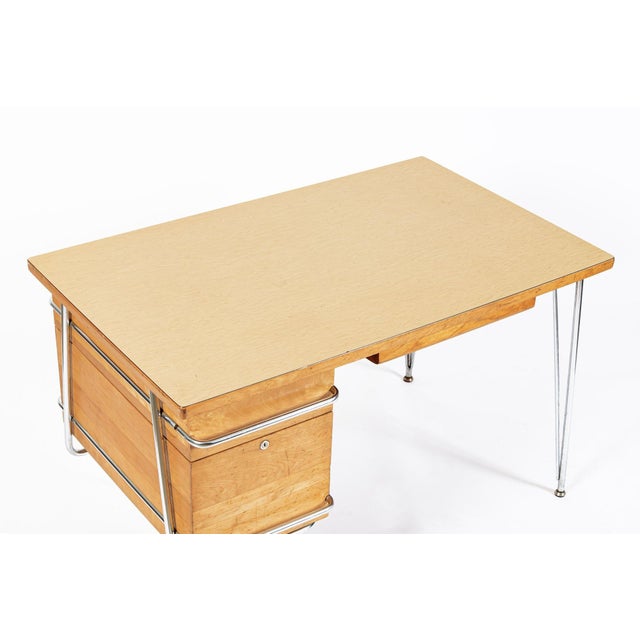 Brown Kem Weber Trimline Desk for Heywood Wakefield, Mid Century Modern Birch and Chrome Office Desk, 1950s For Sale - Image 8 of 16