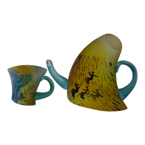 Circa 1980's Kjell Engman for Kosta Boda Vintage Limited Edition Teapot + Tea Cup Art Glass Sculpture