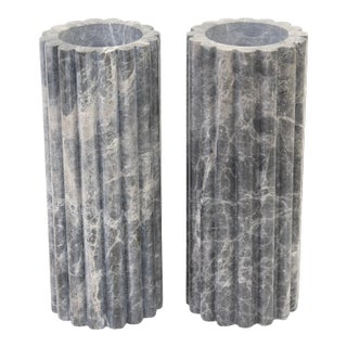 Marble Variegated Vases, Gray and Off White Pair Of For Sale
