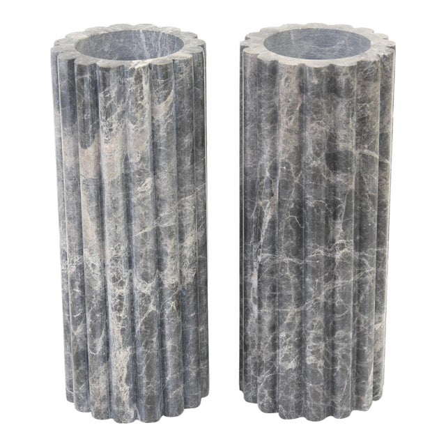 Marble Variegated Vases, Gray and Off White Pair Of For Sale