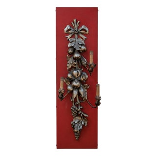 Large Three-Light Wall Sconce in Silvered Wood with Fruit and Vine Leaves, 1920s For Sale