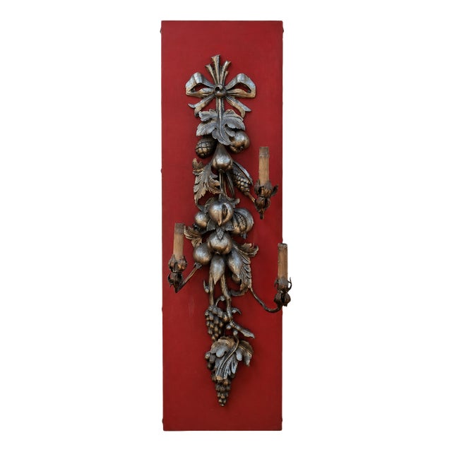 Large Three-Light Wall Sconce in Silvered Wood with Fruit and Vine Leaves, 1920s For Sale