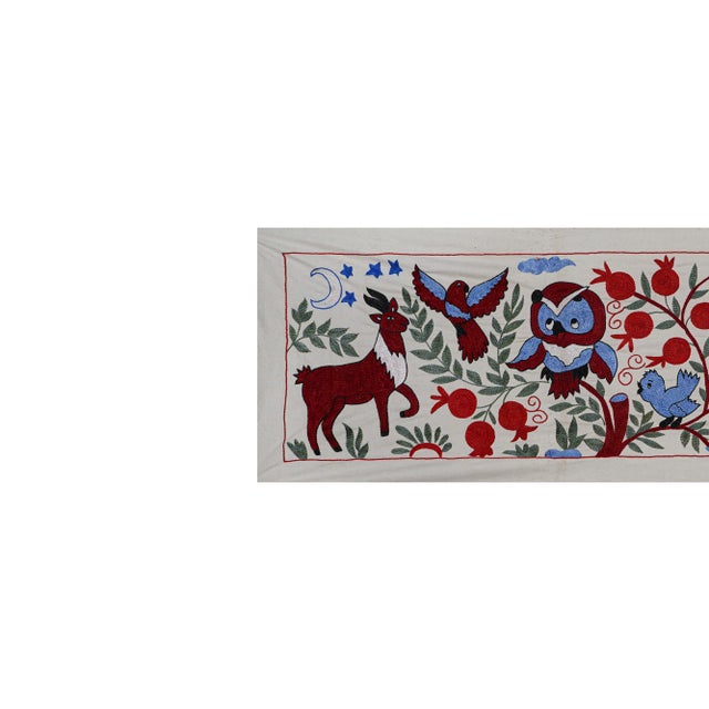 1960s Colorful Suzani Table Runner – Owl, Deer & Floral Embroidery For Sale - Image 5 of 10