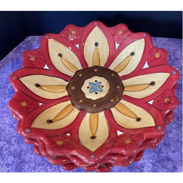Mid-Century Modern Vintage MCM Pier 1 Carynthum Red Flower Petal Shaped Salad Dessert Plates - Set of 4 For Sale - Image 3 of 6