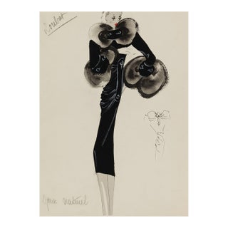 Vintage French Fashion Art Print – Black Coat With Statement Fur Trim, 12" X 16" For Sale