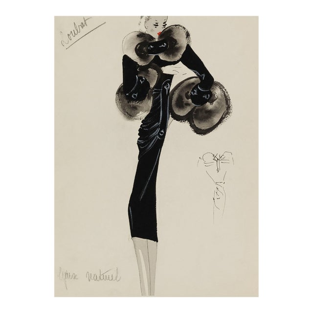 Vintage French Fashion Art Print – Black Coat With Statement Fur Trim, 12" X 16" For Sale