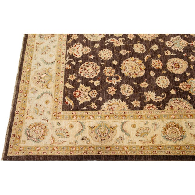 Modern Peshawar Brown Handmade Wool Rug With Palmettes Motif For Sale - Image 4 of 7
