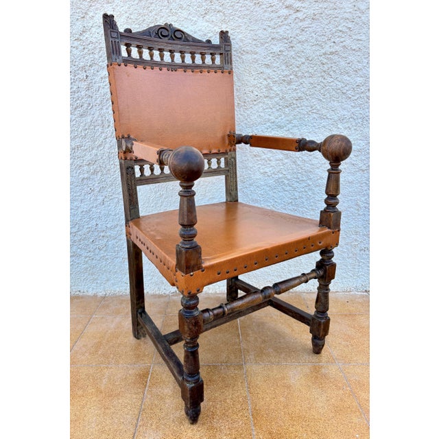 Traditional Spanish Renaissance Revival Leather Armchair, Early 20th Century For Sale - Image 3 of 10
