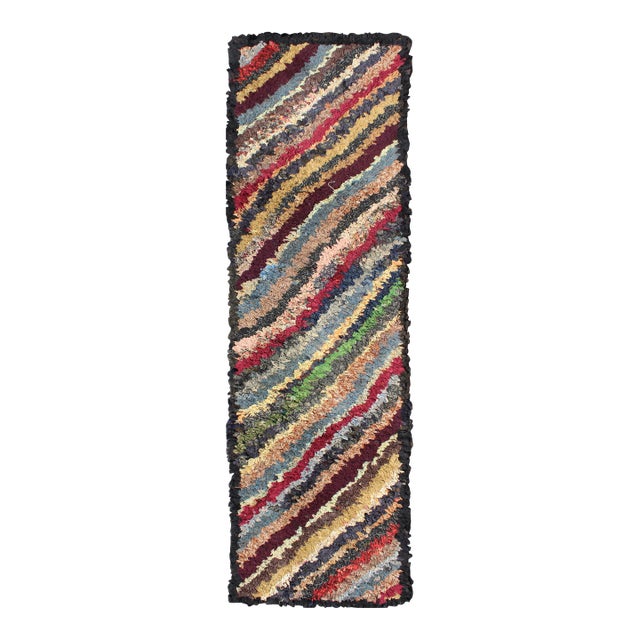 Antique American Hooked Runner With Diagonal Stripes in Multi Colors 1'10"x6'6" For Sale