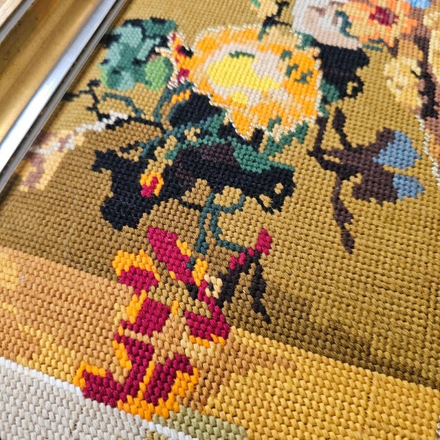Yellow Vintage Needlepoint Floral Still Life Wall Art Gold Frame Large 29x22" Yellow For Sale - Image 8 of 11
