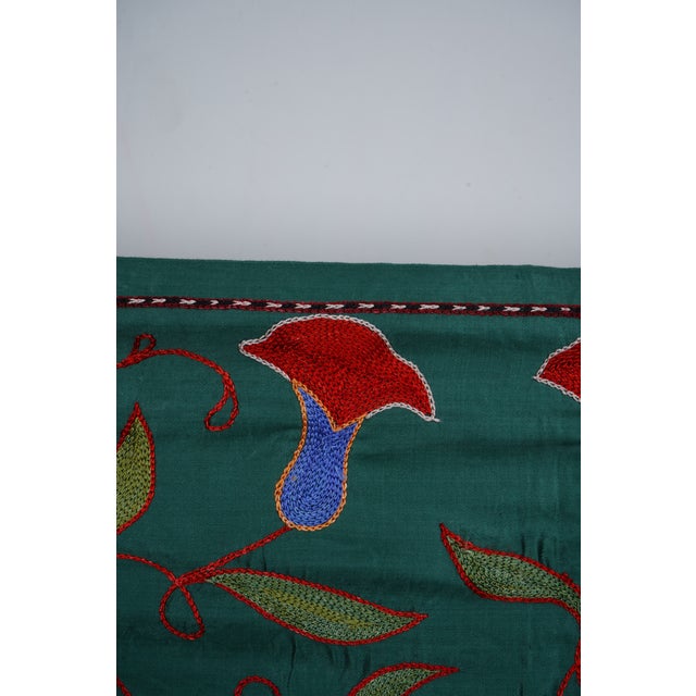 Textile Uzbek Suzani Embroidered Table Runner – Pomegranate Green Floral Boho Textile 1'8'' X 6'2'' For Sale - Image 7 of 9