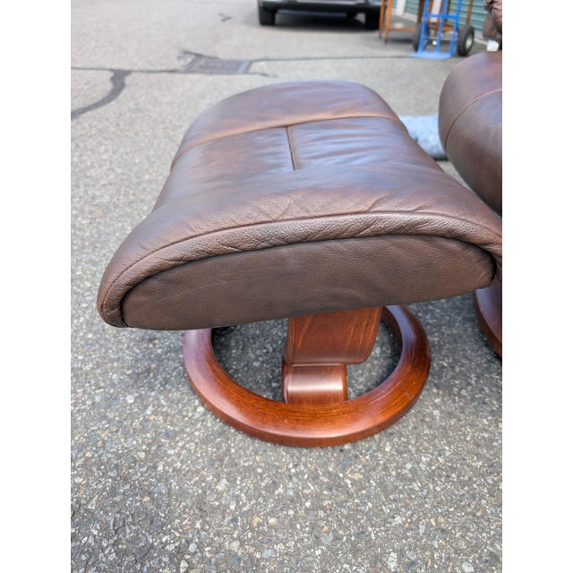 Vintage Ekornes Stressless Brown Leather Recliner and Ottoman Norway For Sale - Image 14 of 17
