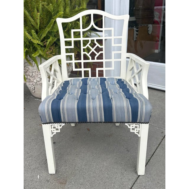 Hollywood Regency Chinese Chippendale White Lacquer Blue Upholstered Arm Chair For Sale - Image 4 of 6