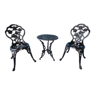 Mid 20th Century Ornate and Heavy Cast Iron Rose Themed Bistro Set, 3 Pieces For Sale