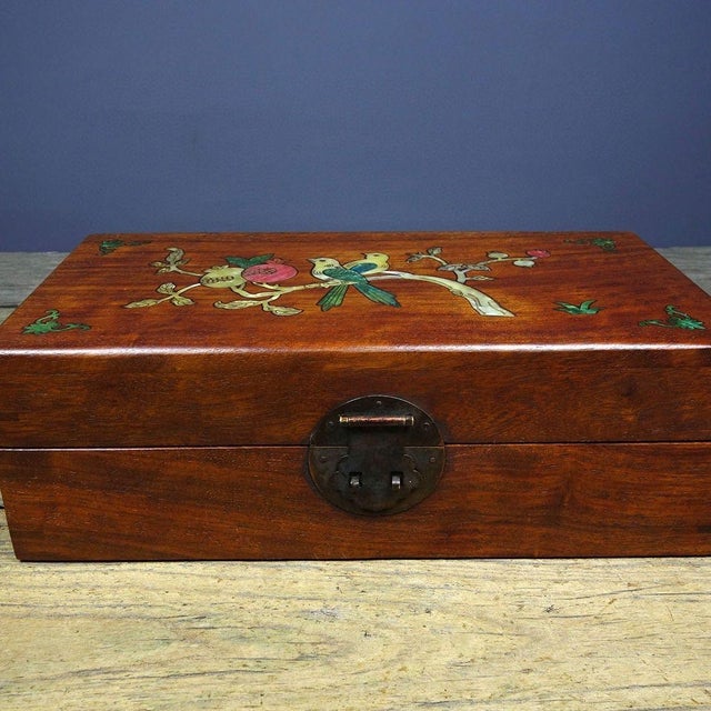 Brown Vintage Chinese Rosewood Jewelry Box With Mother-of-Pearl Floral Inlay For Sale - Image 8 of 9