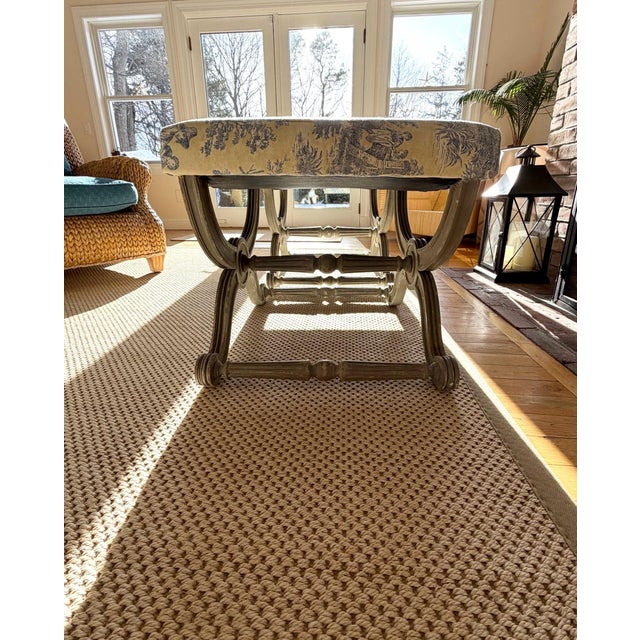 Blue A Pair of Painted Campaign Style X-Base Ottomans Footstools in Butter Yellow and Blue Toile For Sale - Image 8 of 17