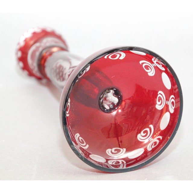 Egermann Bohemian Ruby Red Cut to Clear Crystal Glass Candlestick 1960s For Sale - Image 11 of 12