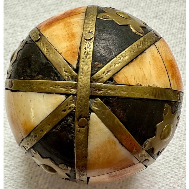 Mediterranean Vintage Late 20th Century Wood and Brass Decorative Orb Ball For Sale - Image 3 of 10