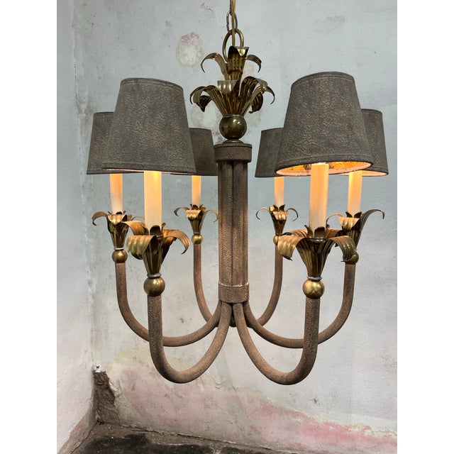 Hollywood Regency Vintage Palm Frond Chandelier Iron and Brass For Sale - Image 3 of 8