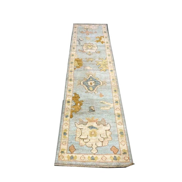 Traditional 21st Century Turkish Oushak Wool 2X10 Gold, Light Blue & Ivory Handmade Runner Rug #1144116 For Sale - Image 3 of 11