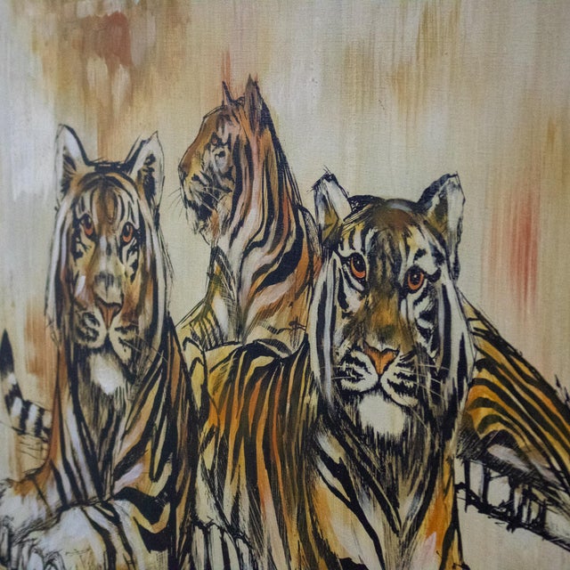 Mid-20th Century Mid-Century Modern Large Resting Tiger Canvas Painting by Pettersen Black and Gold Frame For Sale - Image 6 of 18