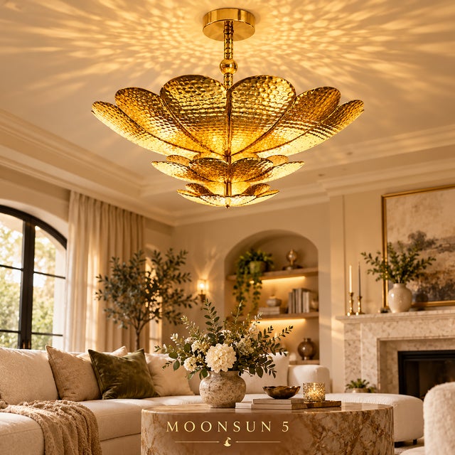 Handmade Brass Flower Ceiling Light, 3 Tier Hammered Floral Chandelier, Art Deco Lotus Semi Flush Mount, Luxury Brass Ceiling Fixture 28 Inches For Sale - Image 13 of 15