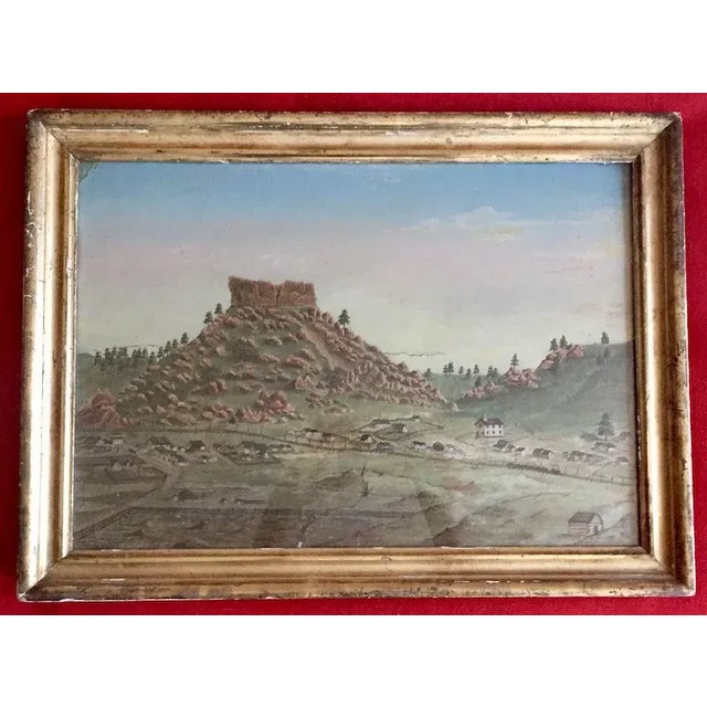 19th century American West Colorado landscape oil painting of an early settlement featuring a railway & train, small town...