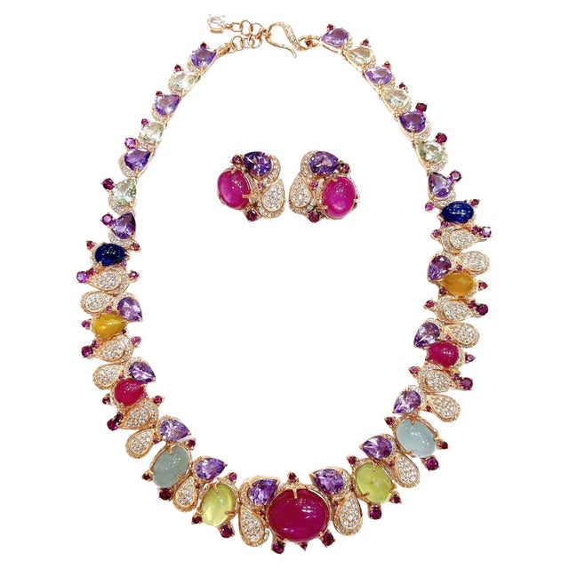 Metal Bochic “Capri” Ruby Sapphire Amethyst Aquamarine & Peridot Necklace & Earrings - 3 Pieces For Sale - Image 7 of 12