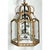 This vintage pendant lantern is a tall, architectural form with a hexagonal glass-paneled body beneath a sweeping, crown-...