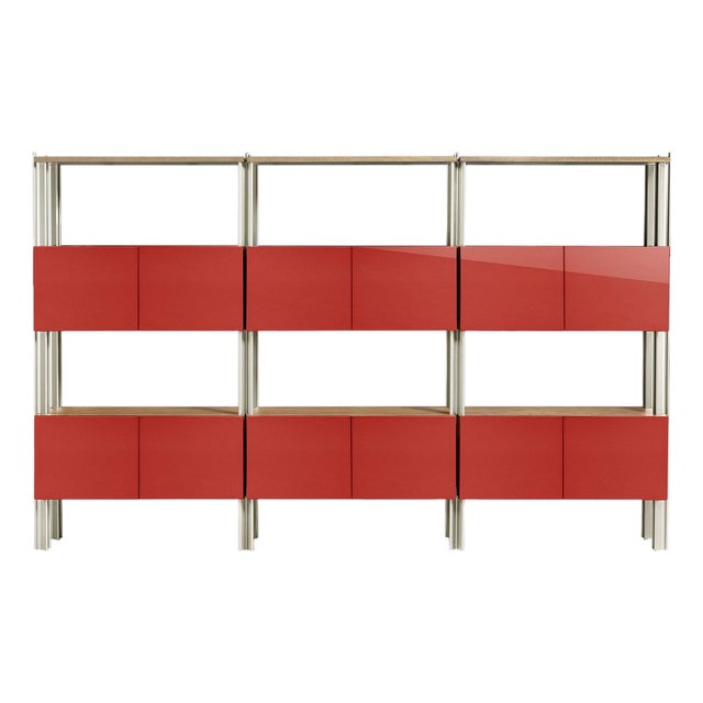 Flexor Red Polished-Lacquered Wood and Aluminum Bookshelf by Robert Stadler For Sale