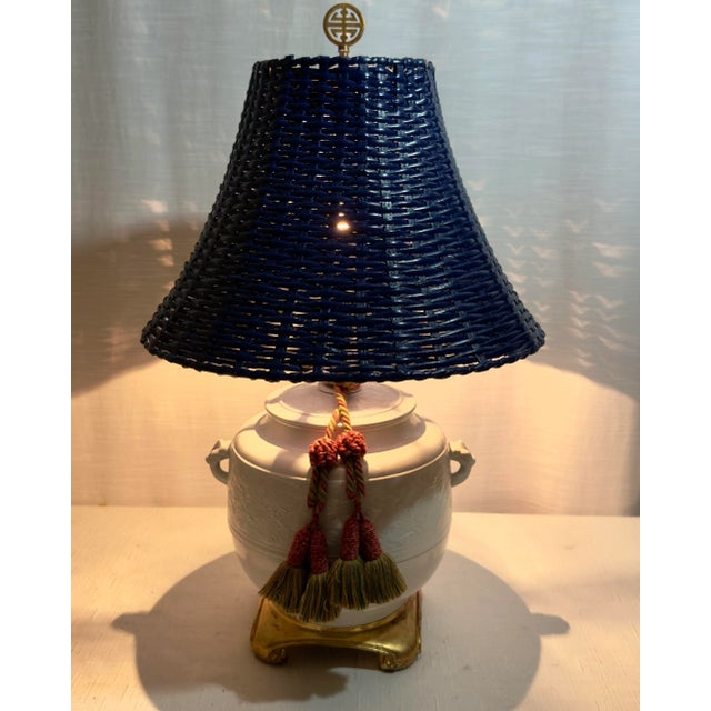 Step into a world of timeless elegance with this stunning Vintage Chinoiserie Newly Painted White Ginger Jar Table Lamp,...