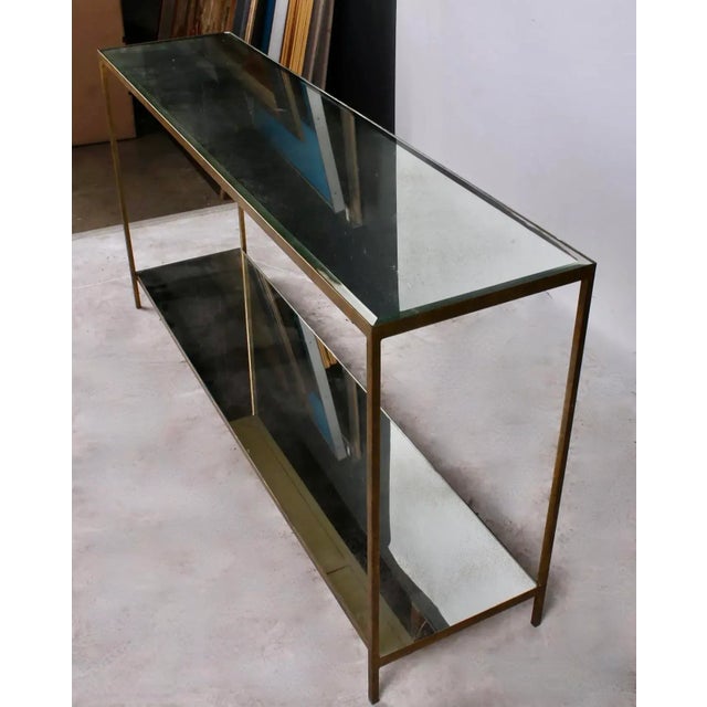 Two-Tier distressed Mirror & Brass Console / Sofa Table Dimensions: 62" wide x 15" deep x 32 1/2" high A beautiful piece...