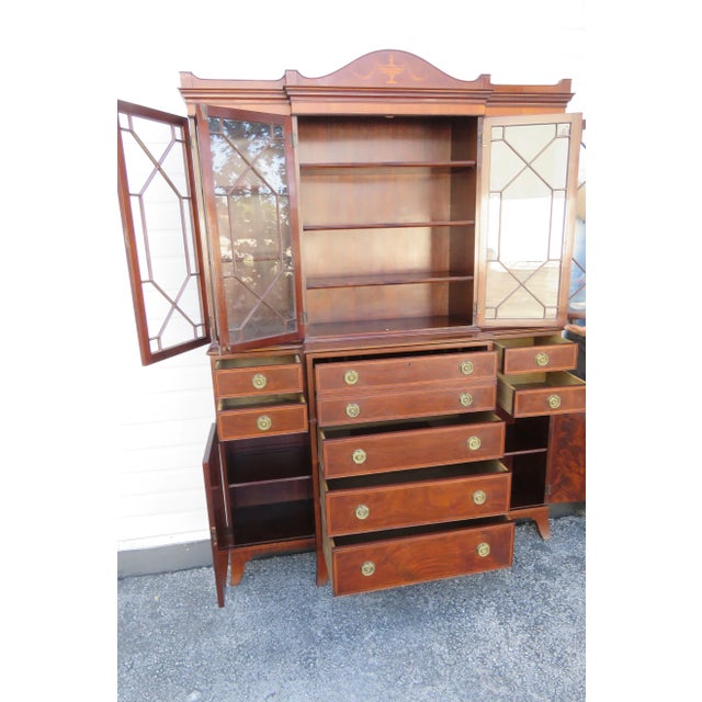 Mahogany Inlay 2 Part Breakfront China Display Cabinet With Desk For Sale - Image 4 of 12