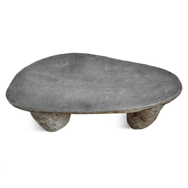 Solid heavy stone boulder outdoor coffee table or bench. Thick slab top and two boulder legs. Smooth polished top with...
