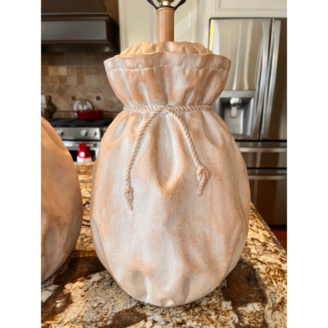 1980s Pair Vintage Post Modern Paper Bag Rope Tie Ceramic Plaster Lamp For Sale - Image 12 of 12