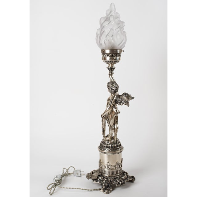 Spanish Revival 1950s Spanish Empire Silver-Plated Cast Brass Cupid Cherub Lamp With Scavo Flame Shade For Sale - Image 3 of 13
