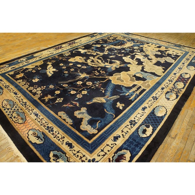 1920s 1920s Antique Navy Blue Deco Classical Chinese Garden Scene Peking Room Size Rug For Sale - Image 5 of 9