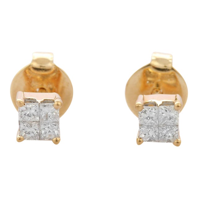 18k Yellow Gold Cluster Diamond Stud - a Pair For Sale