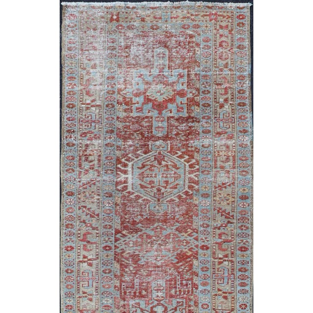 Antique Persian Heriz Runner With Geometric Design in Soft Red and Sky Blue 2'10 X 10'1 For Sale - Image 4 of 13