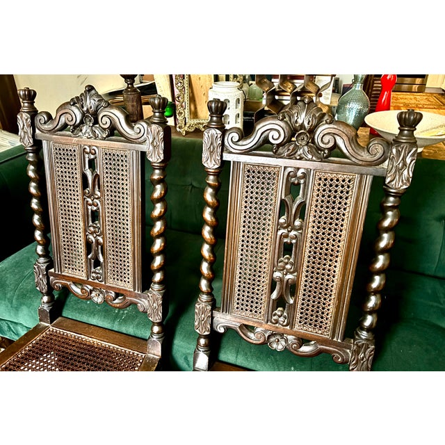 English Set of j.b Van Sciver Jacobean Revival Dining Chairs, Professionally Re-Caned, C. 1920s For Sale - Image 3 of 12